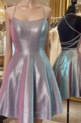 Halter Neck Short Purple Semi Formal Prom Dresses with Cross Back, Backless Short Purple Formal Homecoming Dresses